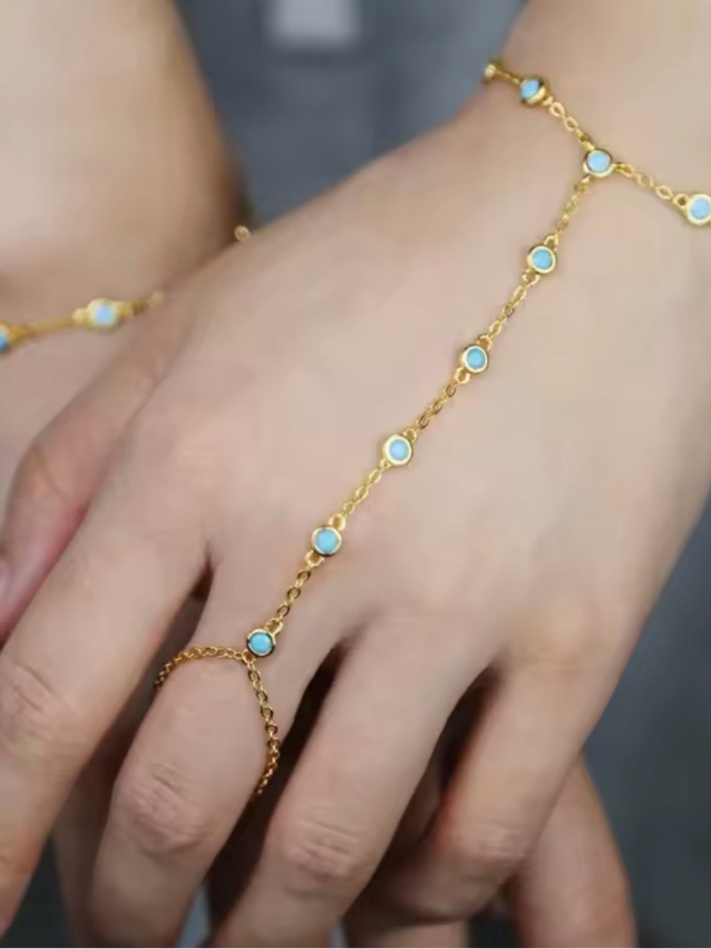 Gold-Plated Blue Bead Hand Chain Bracelet - Women's Jewelry